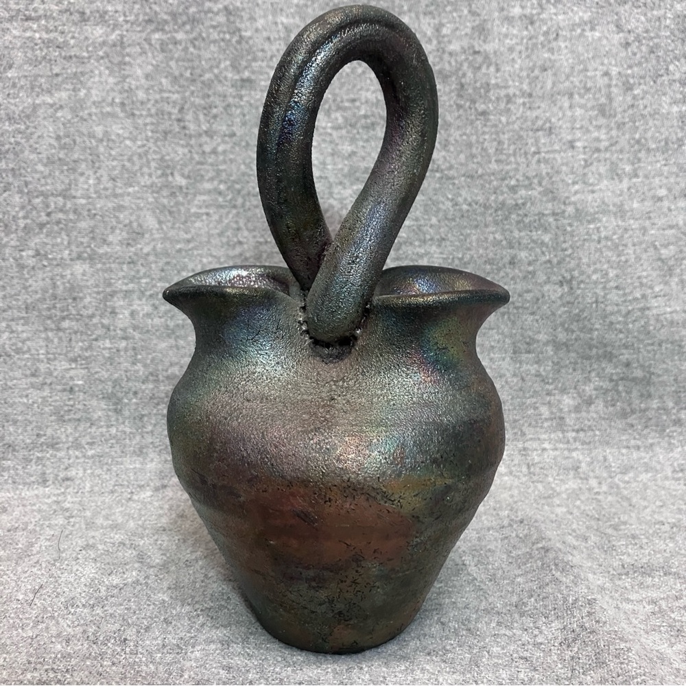 Raku Pottery Studio Art Wedding Vase 7.5" Metallic Glaze Iridescent Lon Mangle